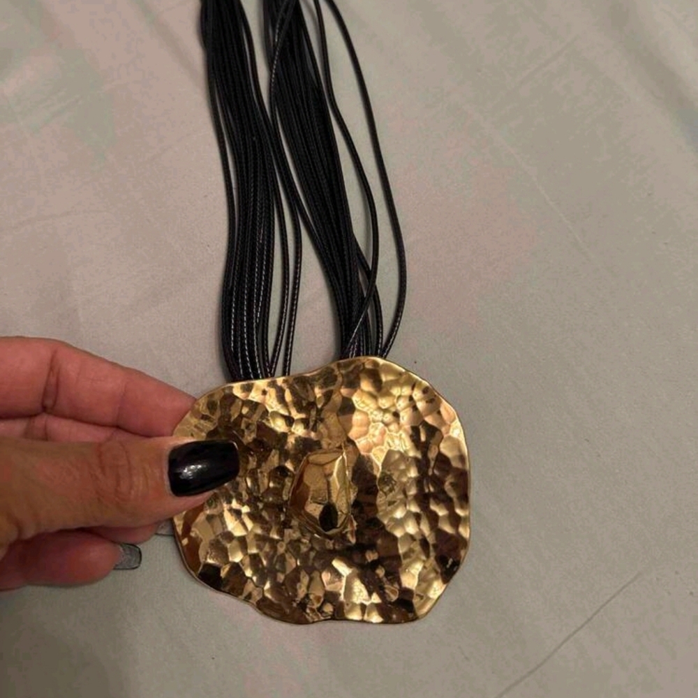 Zara Black Cord Collar Statement Necklace with Gold Hammered Pendant, NWOT - Picture 2 of 5